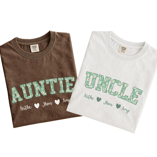 Comfort Colors® Custom Auntie Or Uncle Shirt With Floral Letters, Personalized Kids Names Gift, Family Tee For Aunt Or Uncle