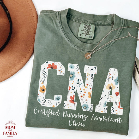 CNA Floral Shirt with Name, Certified Nursing Assistant Gift, Personalized Nurse Tee, CNA Graduation Shirt, CNA Appreciation Gift