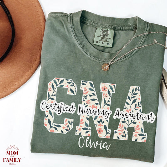CNA Sweatshirt and Shirt  with Name, Certified Nursing Assistant Floral Crewneck, Personalized Nurse Gift, CNA Appreciation Pullover