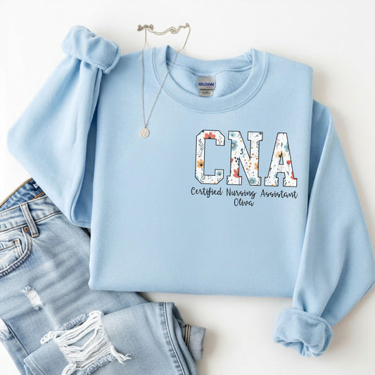 CNA Sweatshirt with Name, Certified Nursing Assistant Floral Crewneck, Personalized Nurse Gift, CNA Appreciation Pullover