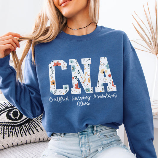 CNA Sweatshirt with Name, Certified Nursing Assistant Floral Crewneck, Personalized Nurse Gift, CNA Appreciation Pullover