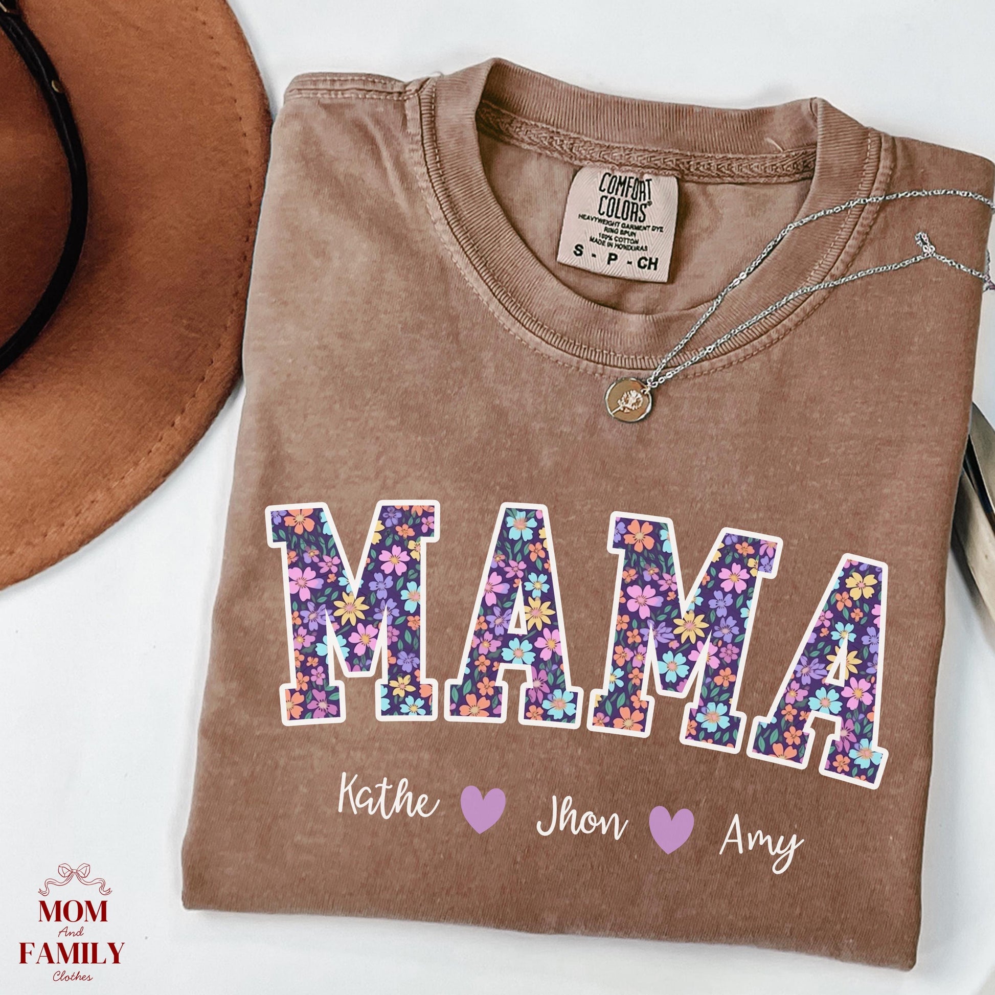Comfort Colors® Custom Mama Or Grandma Shirt With Floral Letters, Personalized Kids Names Gift, Mother’s Day Gigi Nana Mimi Tee