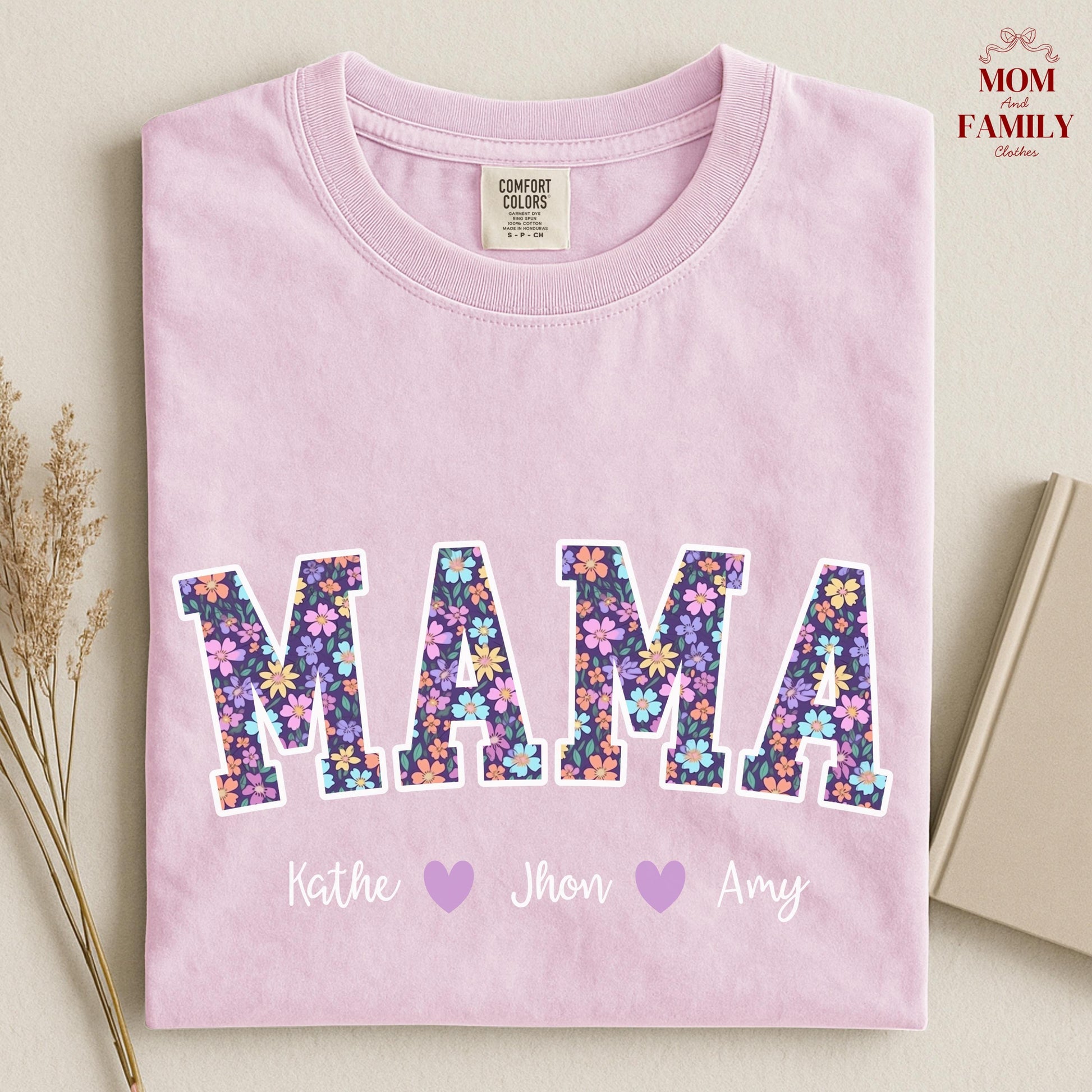 Comfort Colors® Custom Mama Or Grandma Shirt With Floral Letters, Personalized Kids Names Gift, Mother’s Day Gigi Nana Mimi Tee