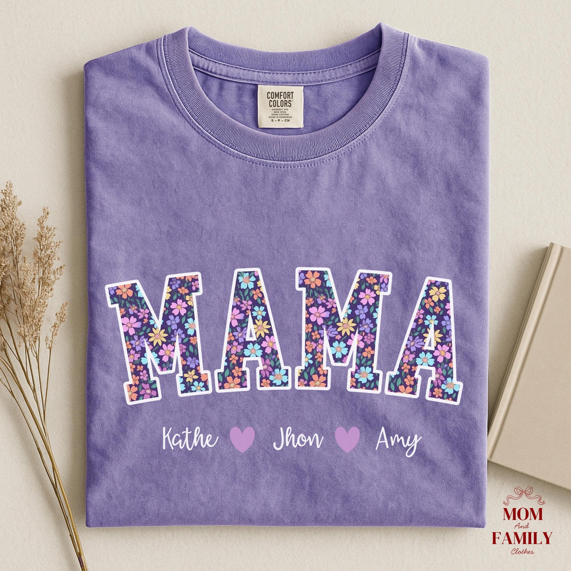 Comfort Colors® Custom Mama Or Grandma Shirt With Floral Letters, Personalized Kids Names Gift, Mother’s Day Gigi Nana Mimi Tee