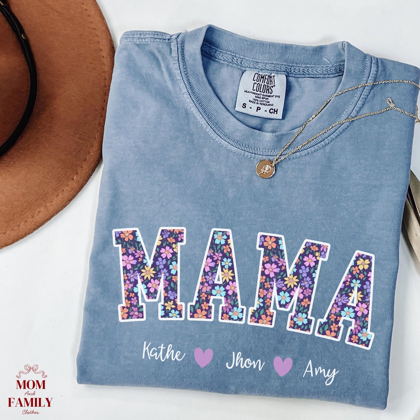 Comfort Colors® Custom Mama Or Grandma Shirt With Floral Letters, Personalized Kids Names Gift, Mother’s Day Gigi Nana Mimi Tee