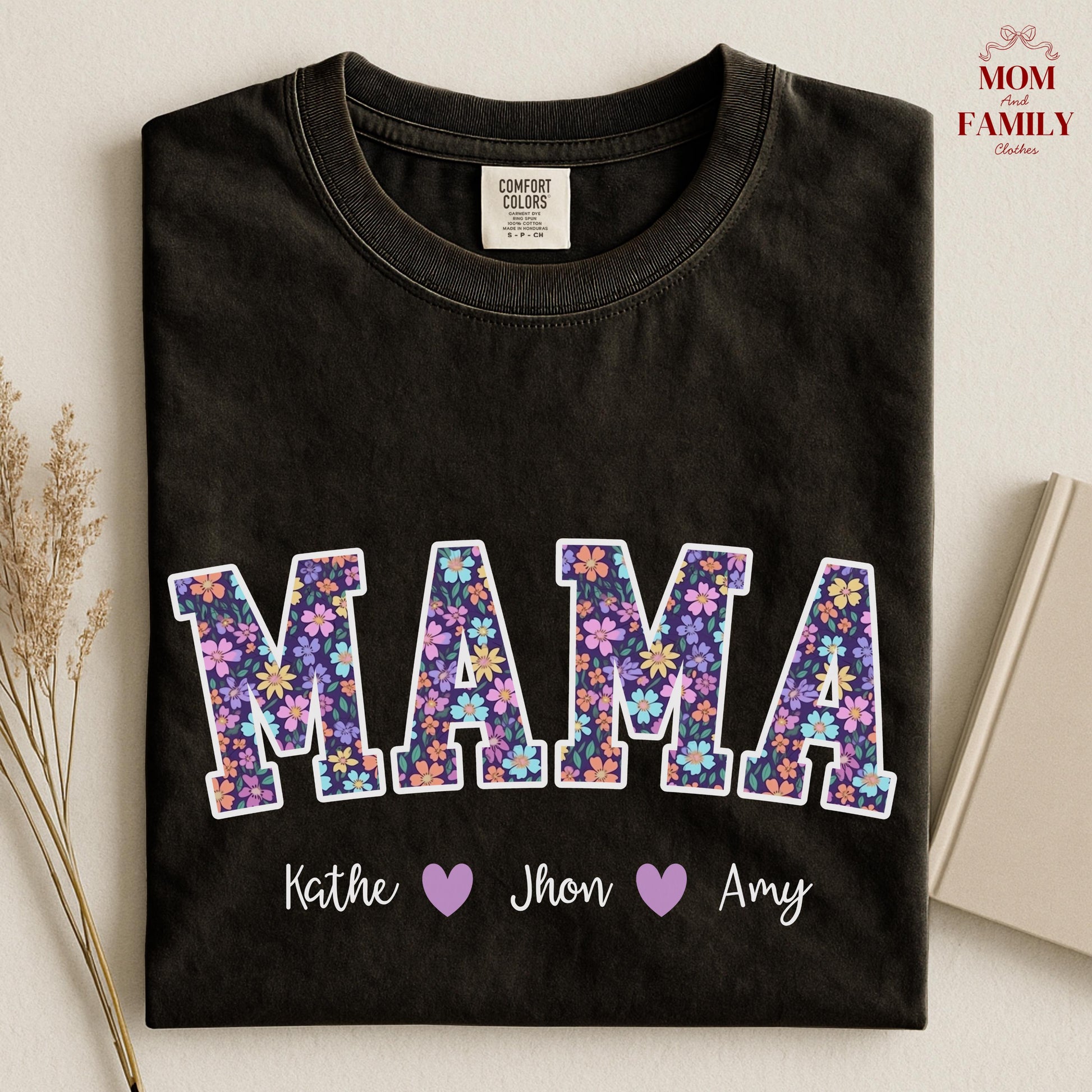 Comfort Colors® Custom Mama Or Grandma Shirt With Floral Letters, Personalized Kids Names Gift, Mother’s Day Gigi Nana Mimi Tee