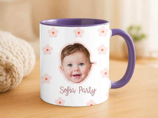 Custom Baby Face Mug with Floral Pattern | Personalized Photo Mug with Name | Cute Gift for Mom, Grandma, or Aunt |  Party Baby Coffee Cup