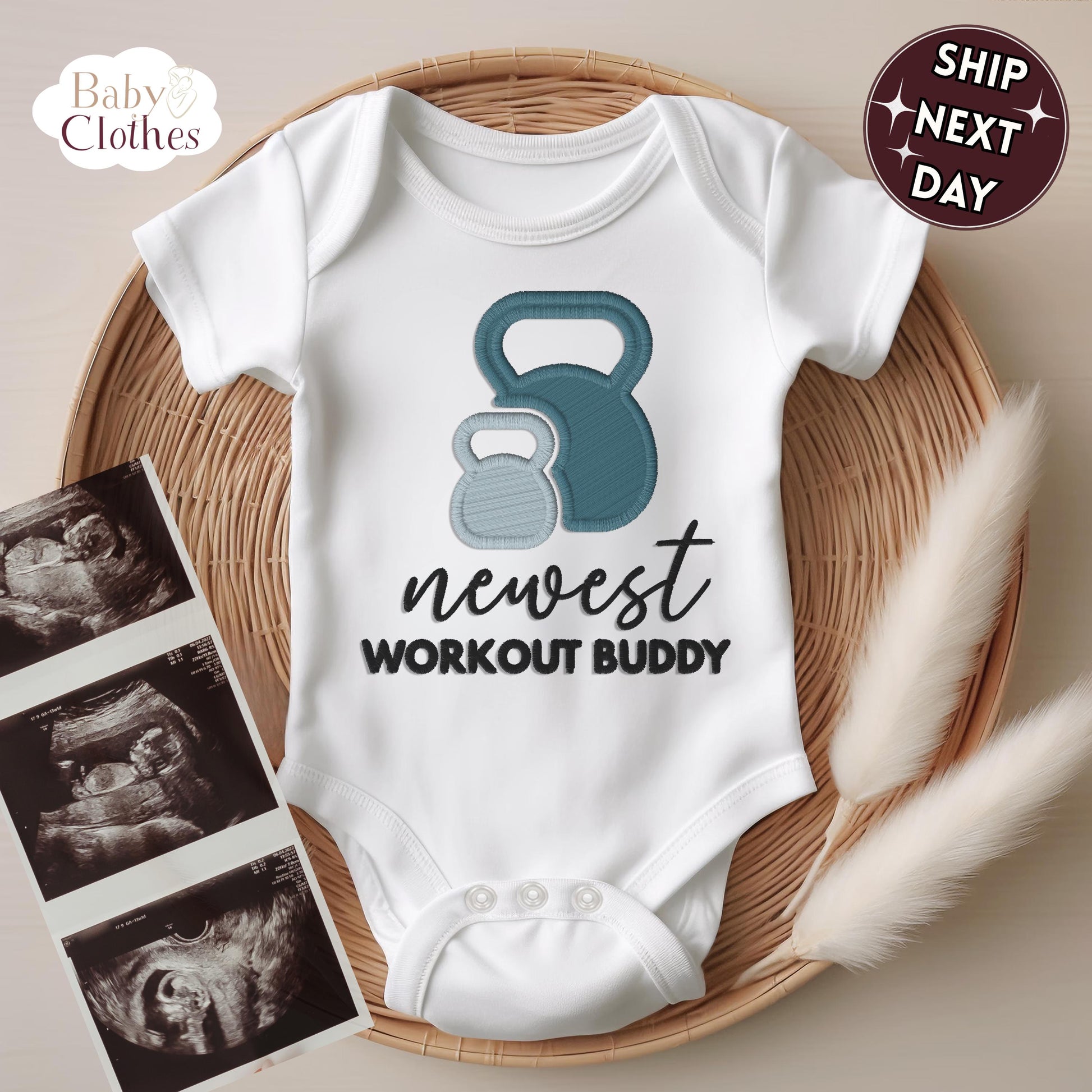 Embroidered Newest Workout Buddy Baby Onesie, Fitness Pregnancy Announcement Bodysuit, Daddy Gym Partner Newborn Gift