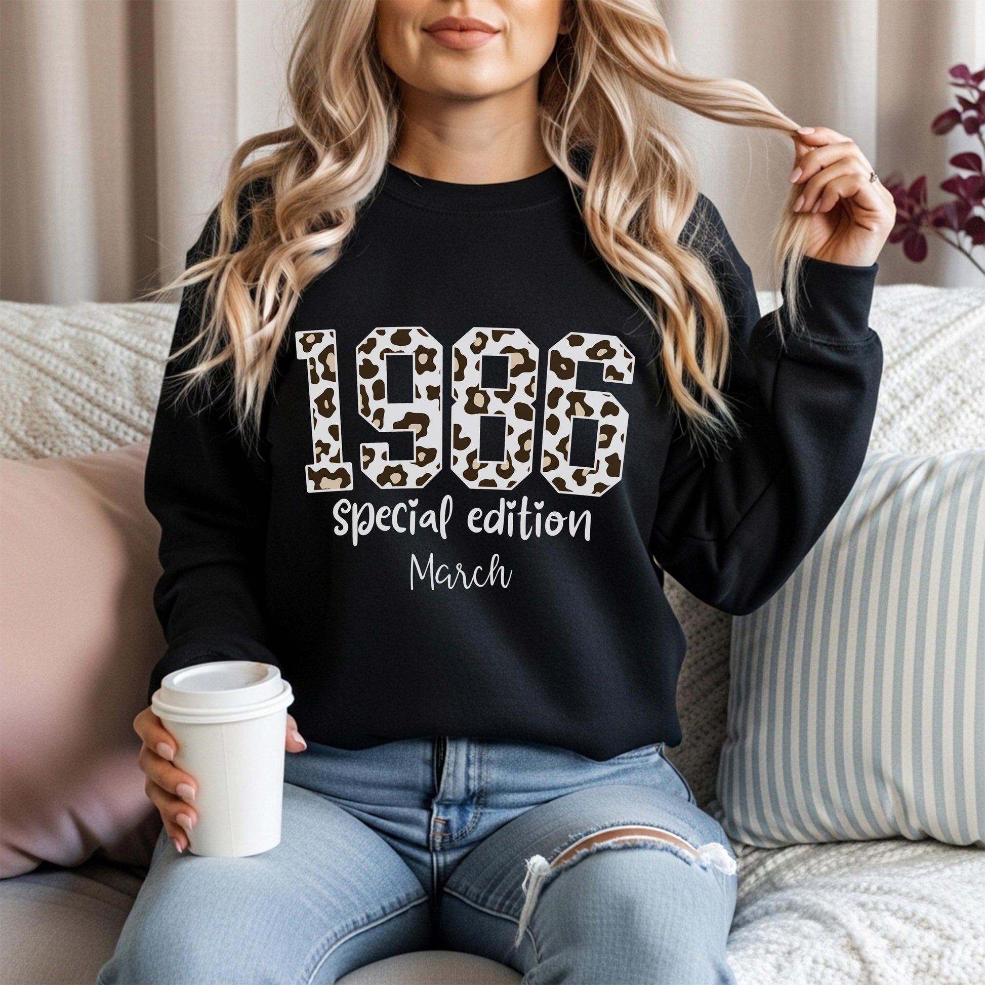 1986 Leopard Birthday Sweatshirt, 40th Birthday Gift For Her, Custom Birth Year Shirt, March Special Edition Retro Bday