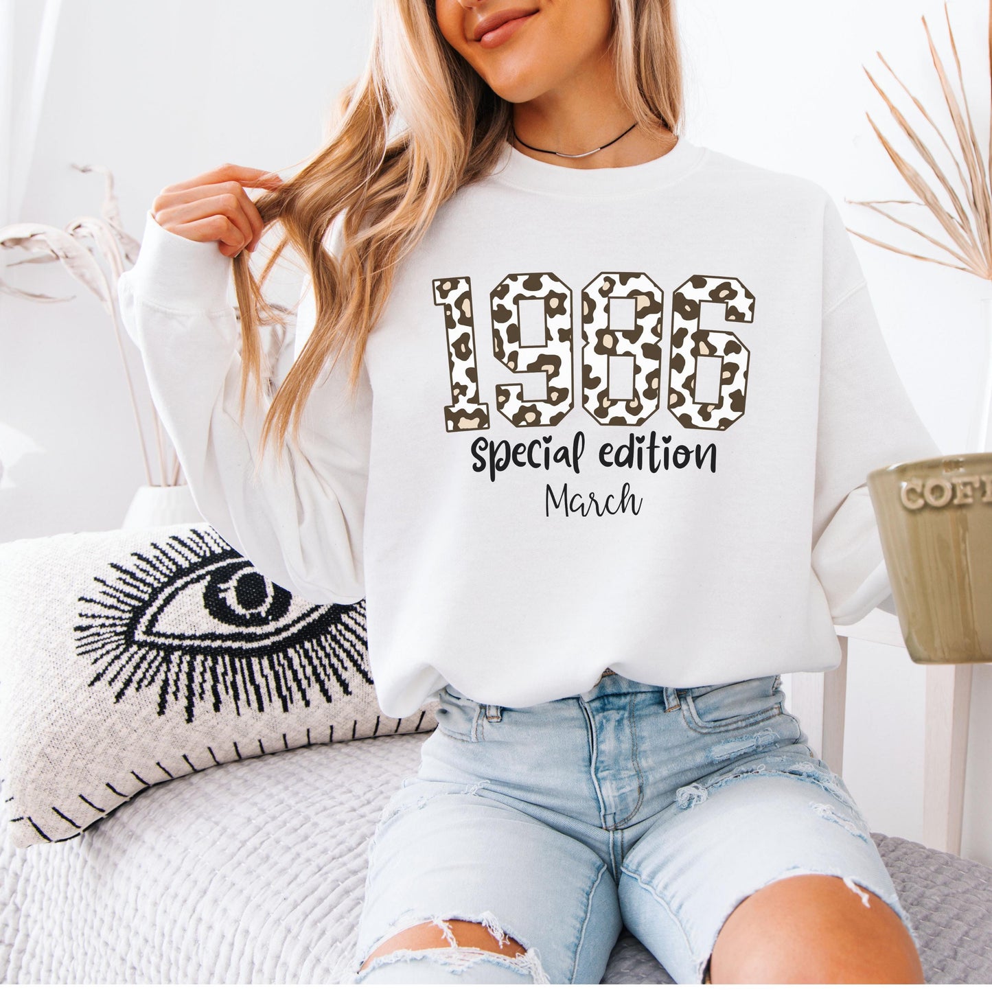 1986 Leopard Birthday Sweatshirt, 40th Birthday Gift For Her, Custom Birth Year Shirt, March Special Edition Retro Bday