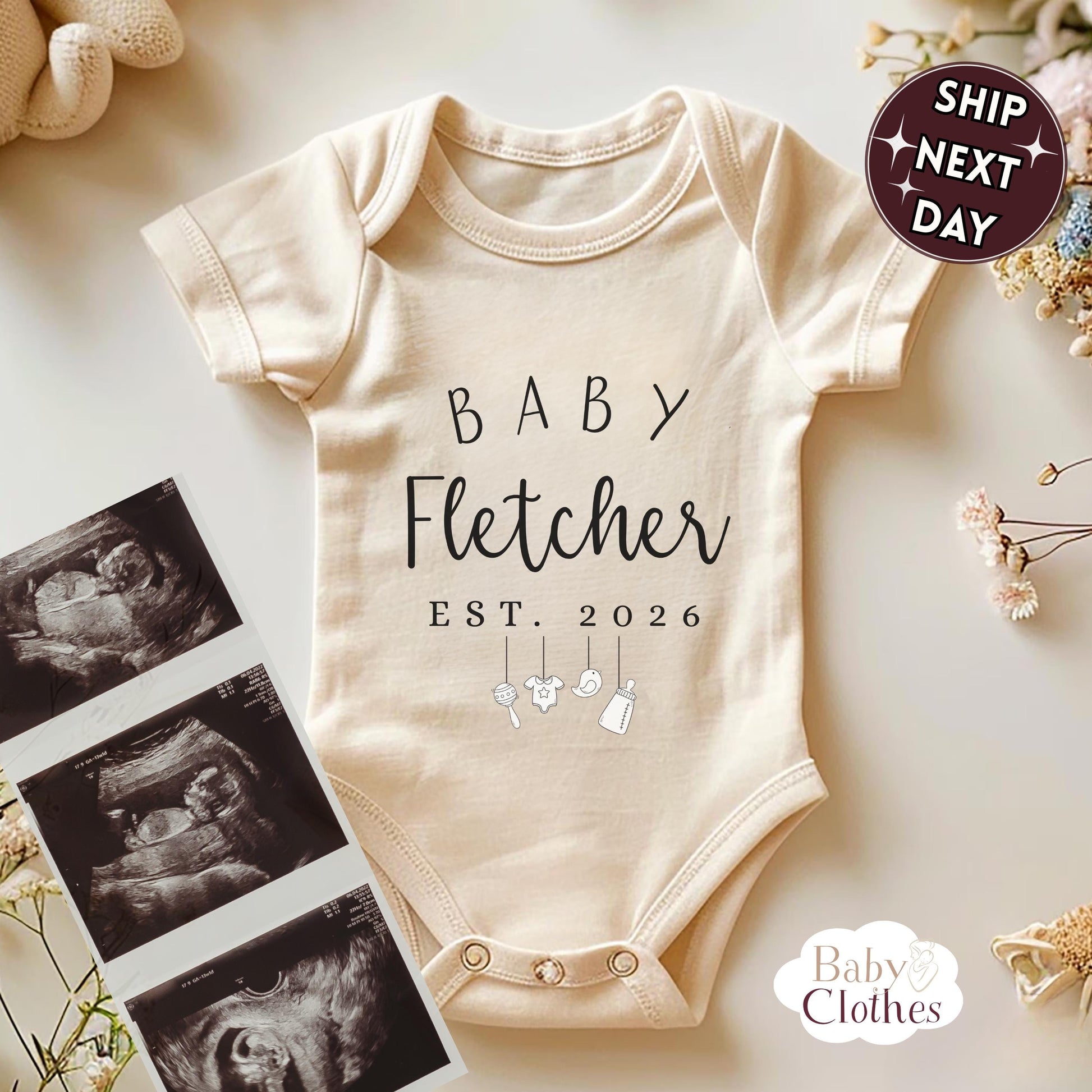 Personalised Pregnancy Announcement Baby Bodysuit, Pregnancy Reveal Baby Grow, Custom Baby Due 2026, Baby Coming Soon