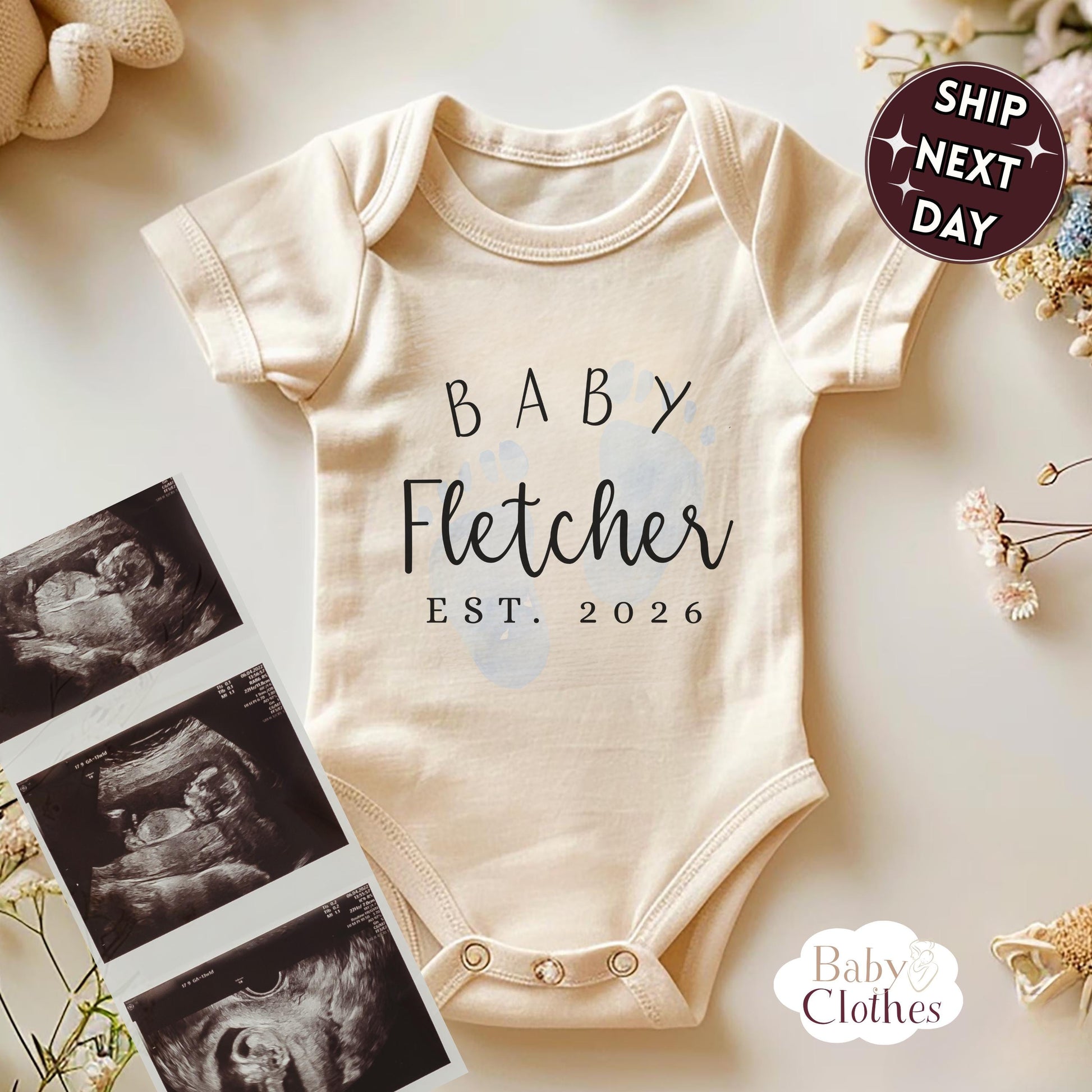 Personalised Pregnancy Announcement Baby Bodysuit, Pregnancy Reveal Baby Grow, Custom Baby Due 2026, Baby Coming Soon