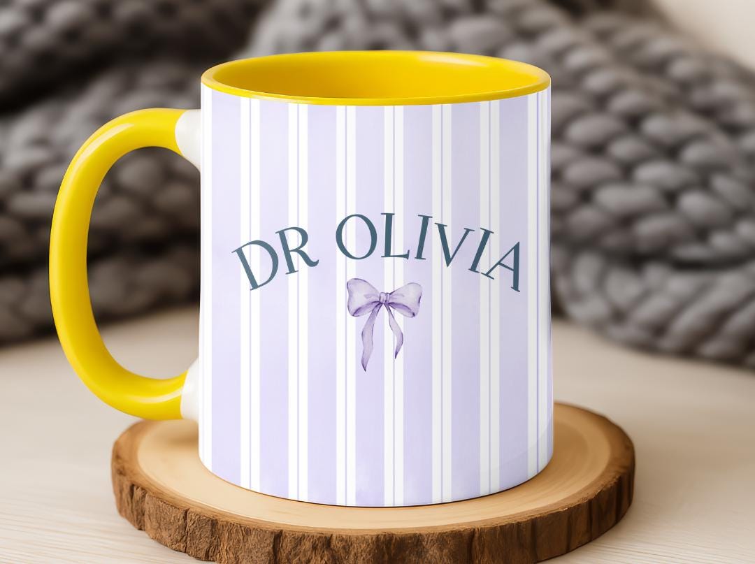 Personalized Doctor Mug with Name and Bow | Custom Ceramic Coffee Cup | PHD Graduation or Pediatrician Appreciation Gift for Her