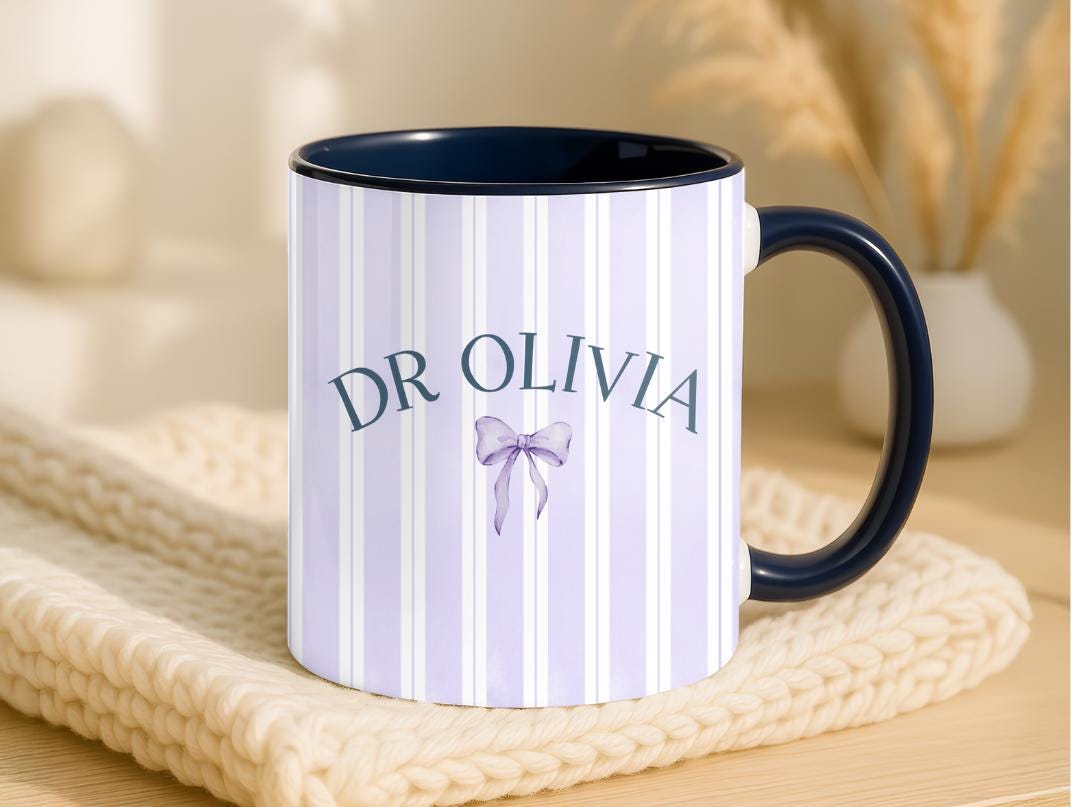 Personalized Doctor Mug with Name and Bow | Custom Ceramic Coffee Cup | PHD Graduation or Pediatrician Appreciation Gift for Her