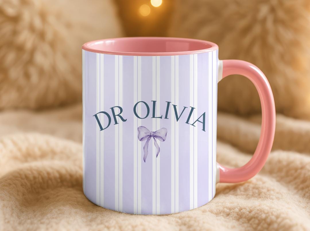 Personalized Doctor Mug with Name and Bow | Custom Ceramic Coffee Cup | PHD Graduation or Pediatrician Appreciation Gift for Her
