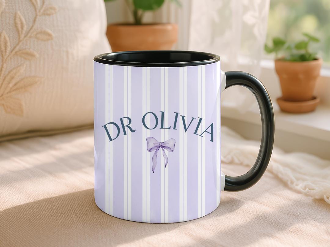 Personalized Doctor Mug with Name and Bow | Custom Ceramic Coffee Cup | PHD Graduation or Pediatrician Appreciation Gift for Her