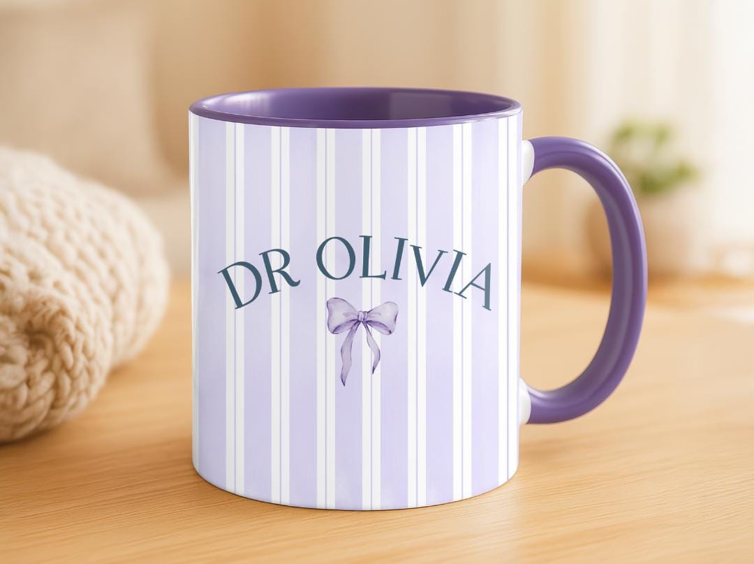 Personalized Doctor Mug with Name and Bow | Custom Ceramic Coffee Cup | PHD Graduation or Pediatrician Appreciation Gift for Her