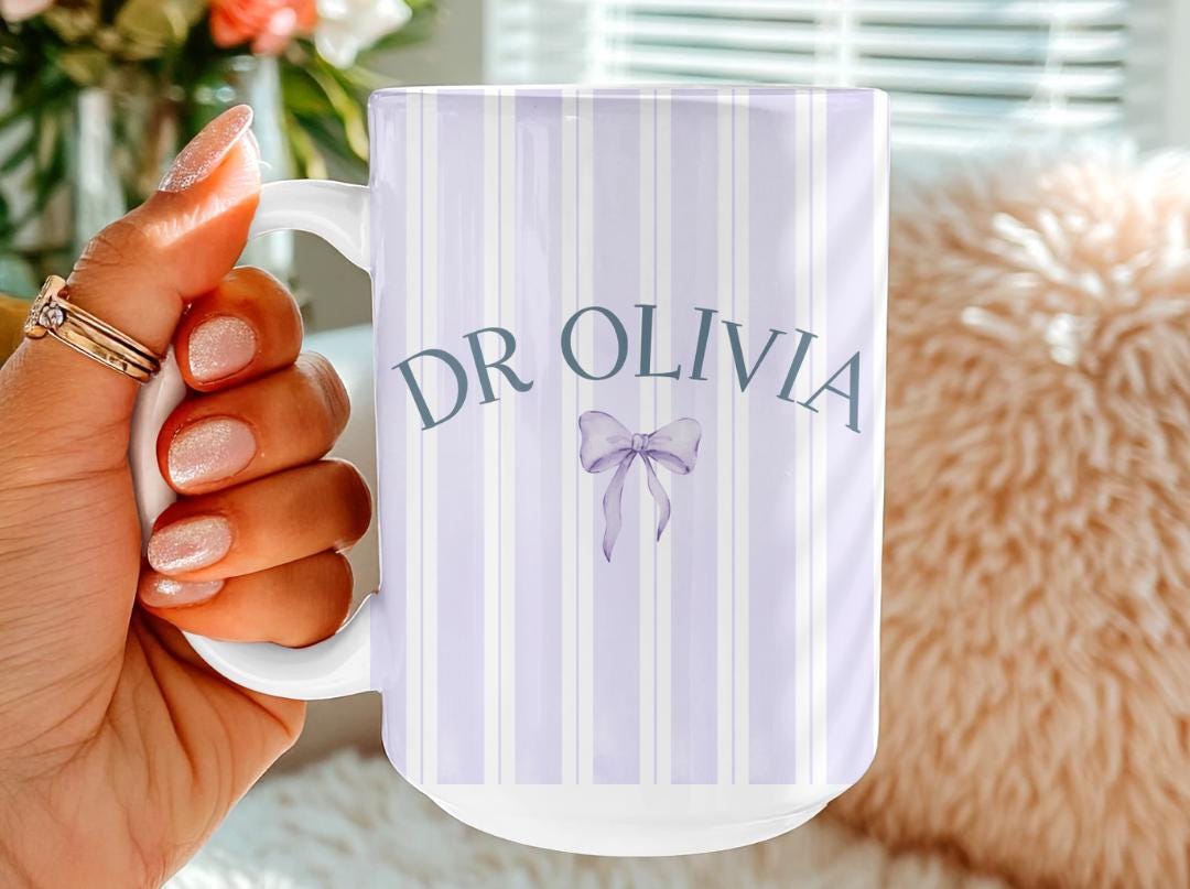 Personalized Doctor Mug with Name and Bow | Custom Ceramic Coffee Cup | PHD Graduation or Pediatrician Appreciation Gift for Her