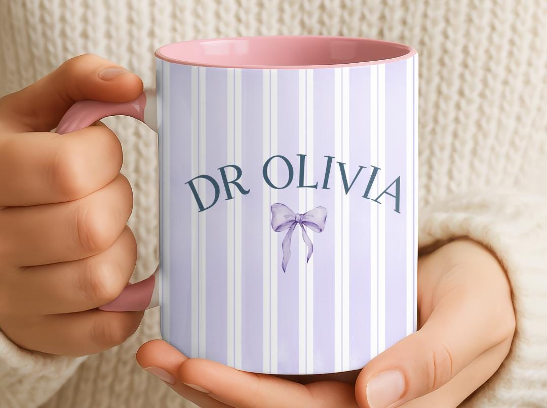 Personalized Doctor Mug with Name and Bow | Custom Ceramic Coffee Cup | PHD Graduation or Pediatrician Appreciation Gift for Her