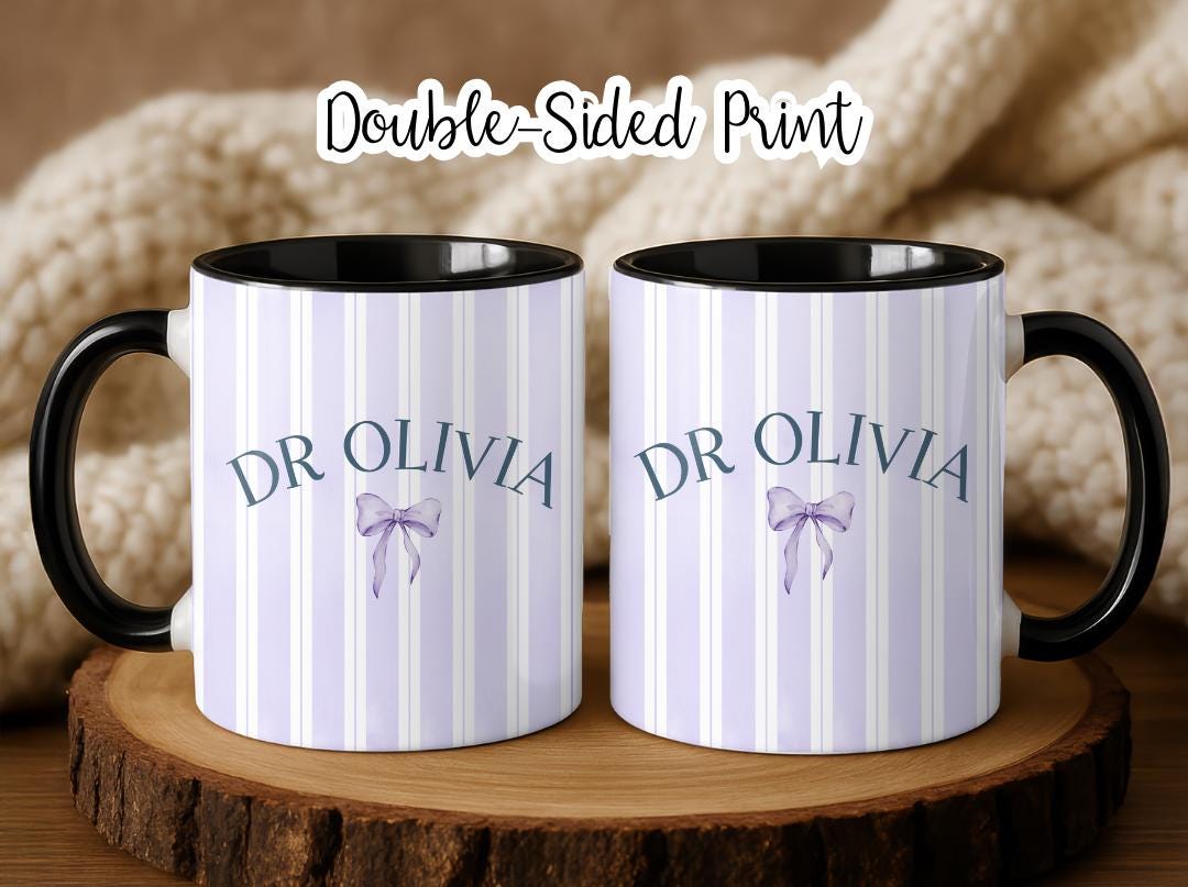 Personalized Doctor Mug with Name and Bow | Custom Ceramic Coffee Cup | PHD Graduation or Pediatrician Appreciation Gift for Her