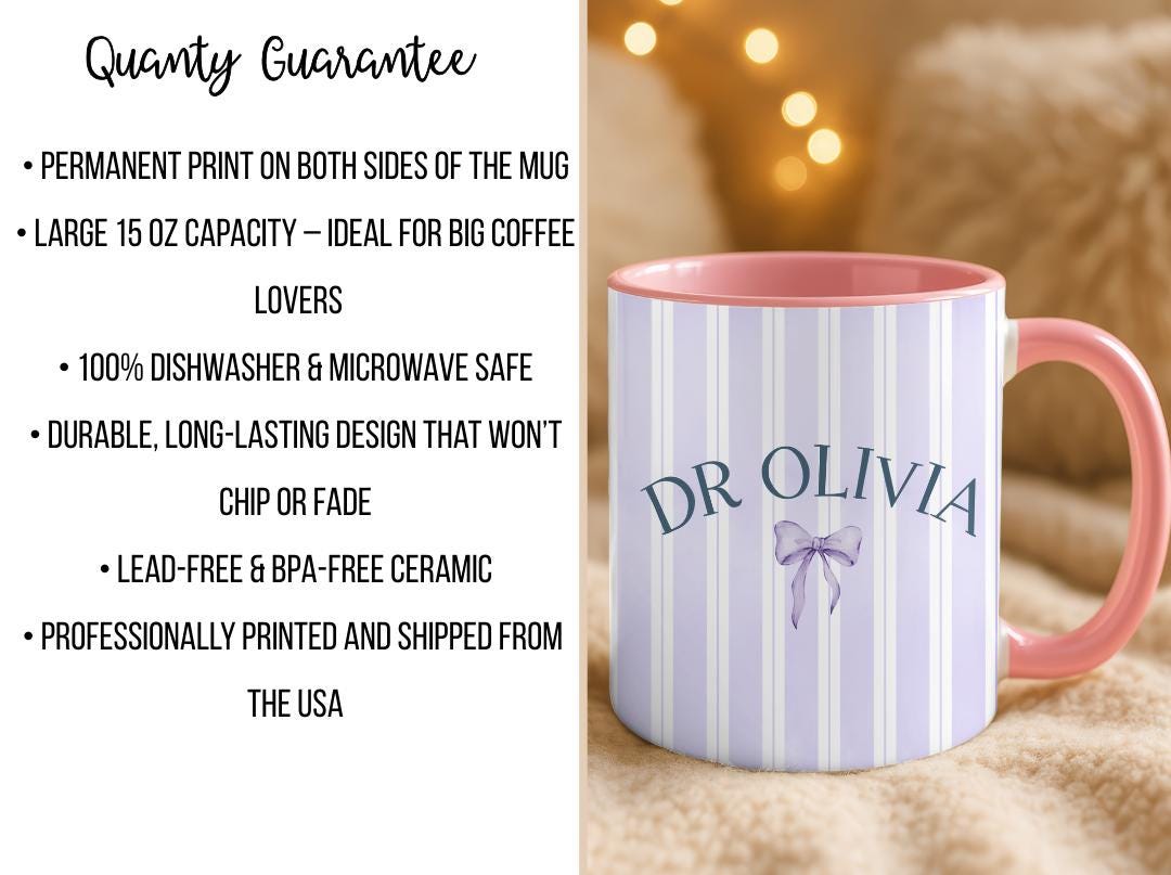 Personalized Doctor Mug with Name and Bow | Custom Ceramic Coffee Cup | PHD Graduation or Pediatrician Appreciation Gift for Her