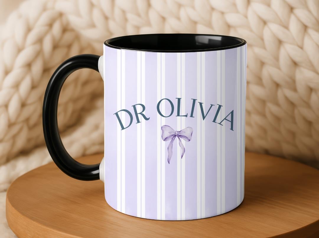 Personalized Doctor Mug with Name and Bow | Custom Ceramic Coffee Cup | PHD Graduation or Pediatrician Appreciation Gift for Her