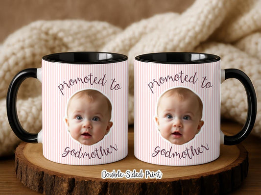 Promoted to Godmother Custom Photo Mug | Baby Face Godparent Proposal Gift | Cute Pregnancy Reveal for Aunt, Godmom, Madrina | Baptism Gift