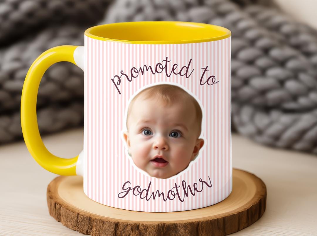 Promoted to Godmother Custom Photo Mug | Baby Face Godparent Proposal Gift | Cute Pregnancy Reveal for Aunt, Godmom, Madrina | Baptism Gift