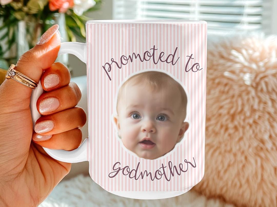 Promoted to Godmother Custom Photo Mug | Baby Face Godparent Proposal Gift | Cute Pregnancy Reveal for Aunt, Godmom, Madrina | Baptism Gift