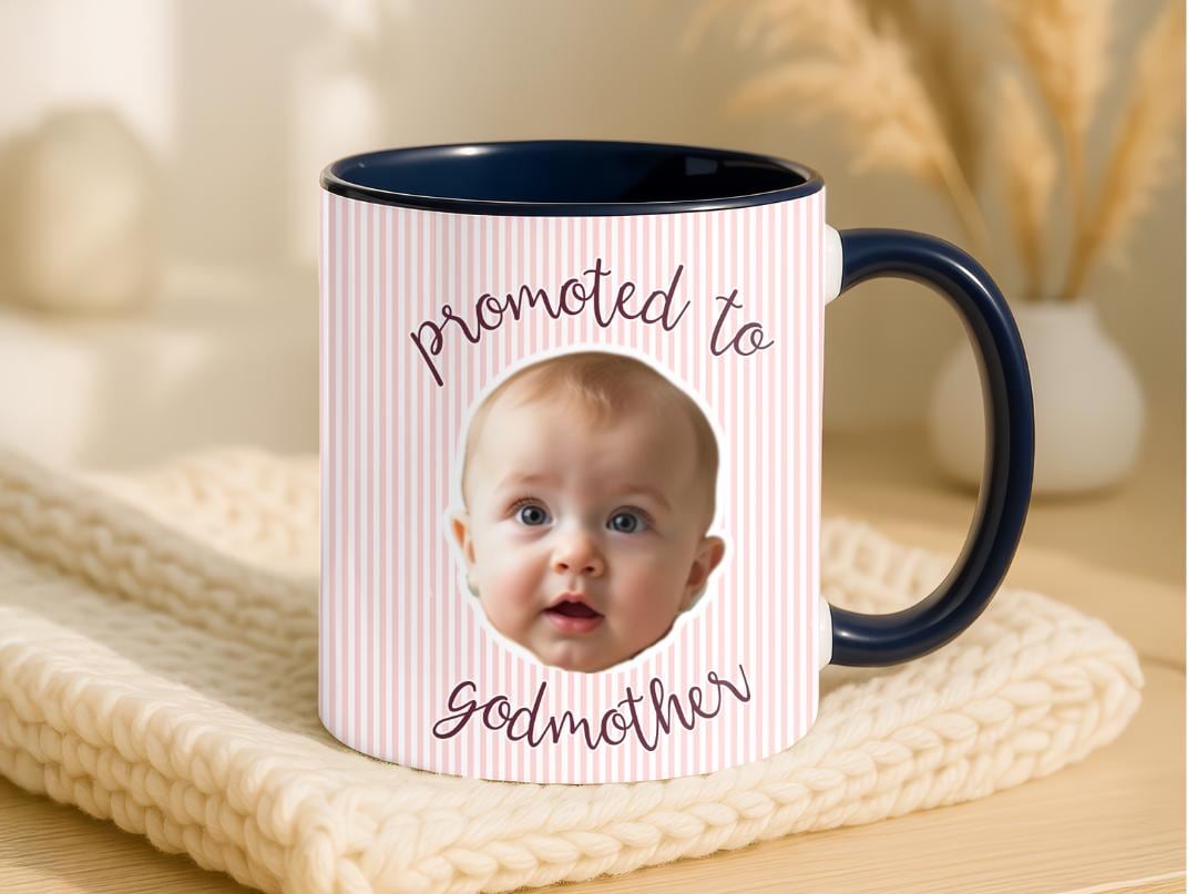 Promoted to Godmother Custom Photo Mug | Baby Face Godparent Proposal Gift | Cute Pregnancy Reveal for Aunt, Godmom, Madrina | Baptism Gift