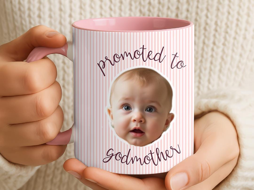 Promoted to Godmother Custom Photo Mug | Baby Face Godparent Proposal Gift | Cute Pregnancy Reveal for Aunt, Godmom, Madrina | Baptism Gift