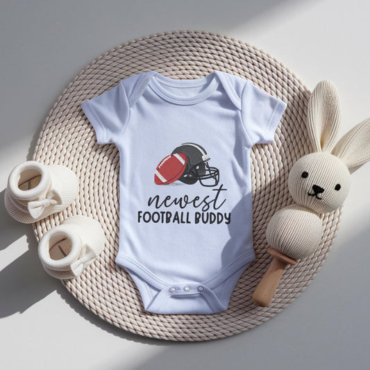 newest football buddy embroidered baby bodysuit, custom football baby outfit, baby announcement, newborn baby gift, daddy’s football partner