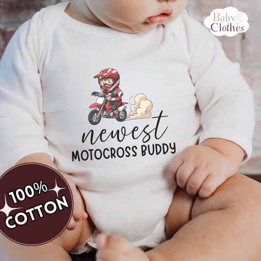 newest motocross buddy baby bodysuit, cute motocross baby outfit, baby announcement, newborn baby gift, daddy’s motocross partner