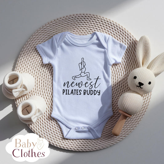 newest pilates buddy baby bodysuit, cute pilates baby outfit, baby announcement, newborn baby gift, daddy’s pilates partner onesie®