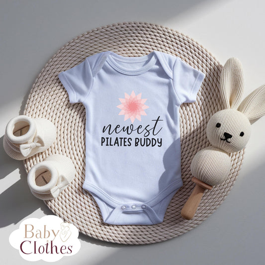 newest pilates buddy baby bodysuit, cute pilates baby outfit, baby announcement, newborn baby gift, daddy’s pilates partner onesie®