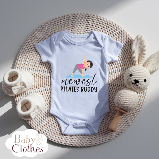 newest pilates buddy baby bodysuit, cute pilates baby outfit, baby announcement, newborn baby gift, daddy’s pilates partner onesie®
