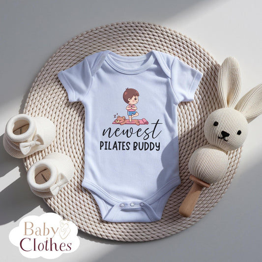 newest pilates buddy baby bodysuit, cute pilates baby outfit, baby announcement, newborn baby gift, daddy’s pilates partner onesie®