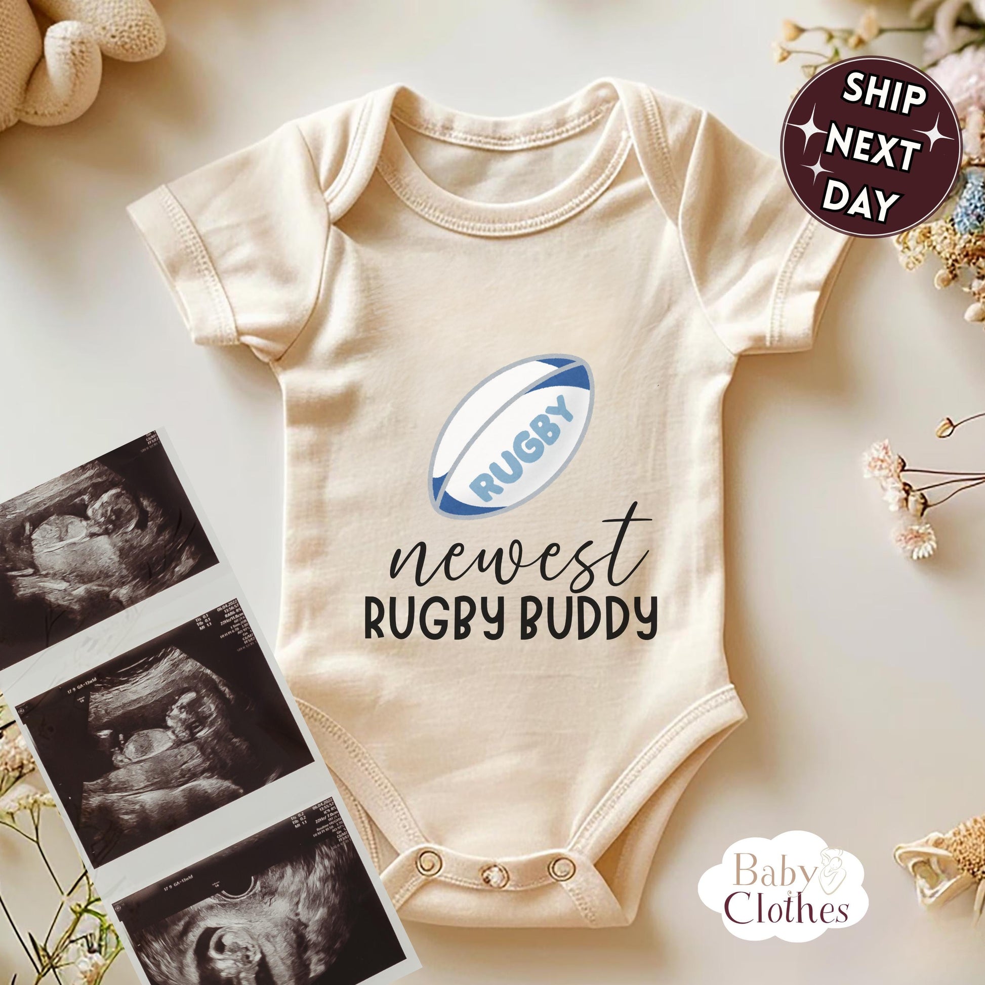 newest rugby buddy baby bodysuit, cute rugby baby outfit, baby announcement, newborn baby gift, daddy’s rugby partner