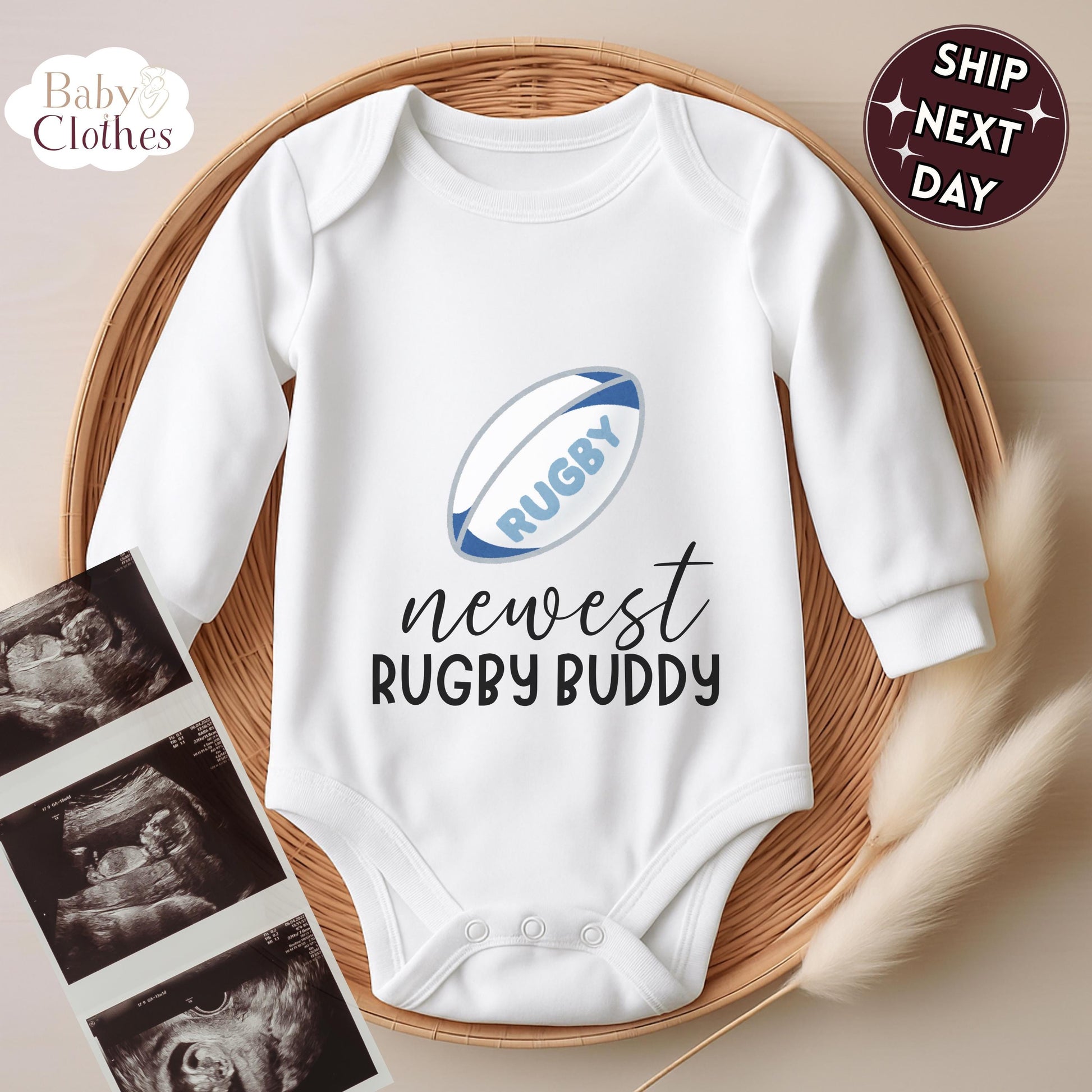 newest rugby buddy baby bodysuit, cute rugby baby outfit, baby announcement, newborn baby gift, daddy’s rugby partner