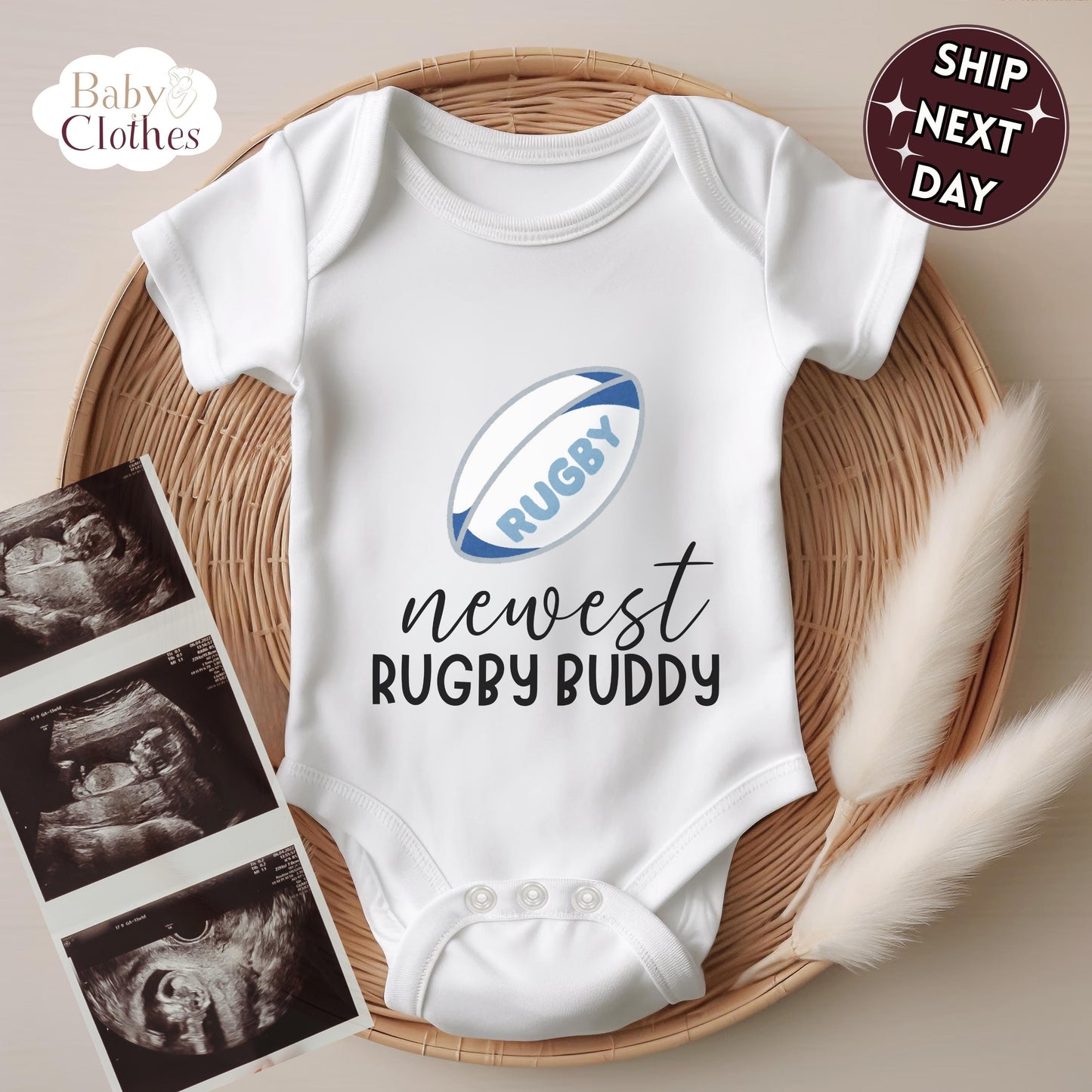 newest rugby buddy baby bodysuit, cute rugby baby outfit, baby announcement, newborn baby gift, daddy’s rugby partner