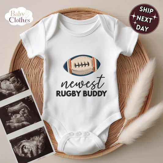 newest rugby buddy embroidered baby bodysuit, custom rugby baby outfit, baby announcement, newborn baby gift, daddy’s rugby partner onesie®
