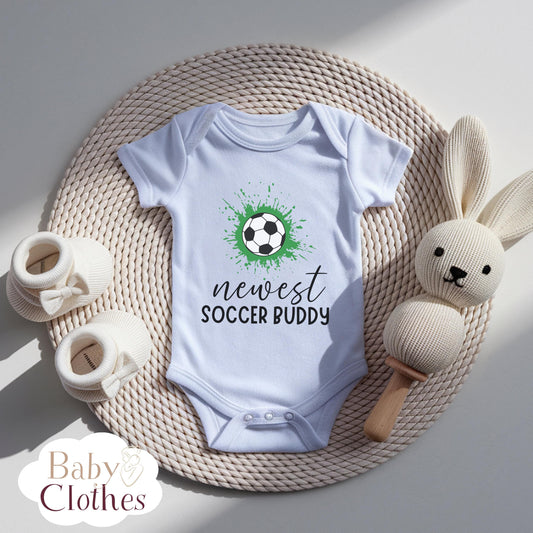 newest soccer buddy baby bodysuit, cute soccer baby outfit, baby announcement, newborn baby gift, daddy’s soccer partner onesie®