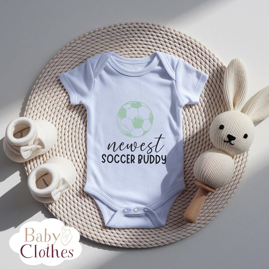 newest soccer buddy baby bodysuit, cute soccer baby outfit, baby announcement, newborn baby gift, daddy’s soccer partner onesie®