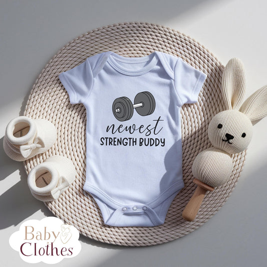 newest strength buddy baby bodysuit, cute strength baby outfit, baby announcement, newborn baby gift, daddy’s strength partner onesie®